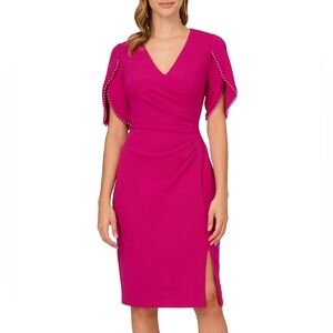 Adrianna Papell orchid knit crepe midi dress with pearls on trim